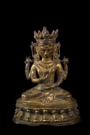 Arte Himalayana Scultura in lega di rame dorato raffigurante Prajnaparamita...