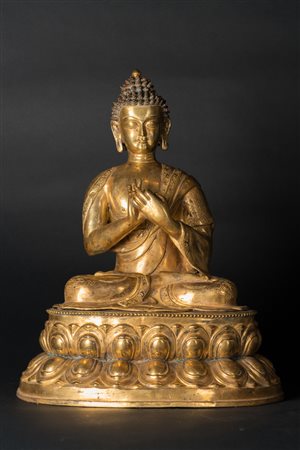 Arte Himalayana Grande scultura in bronzo dorato raffigurante Vairocana...