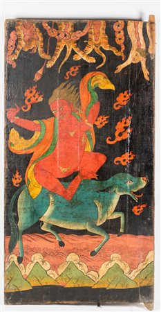 Arte Tibetana Anta in legno con tela applicata dipinta con una figura irata...