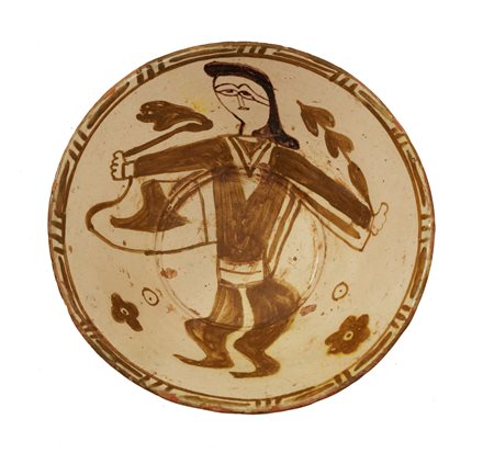 Arte Islamica Rara ciotola in terracotta ingobbiata dipinta a soggetto...