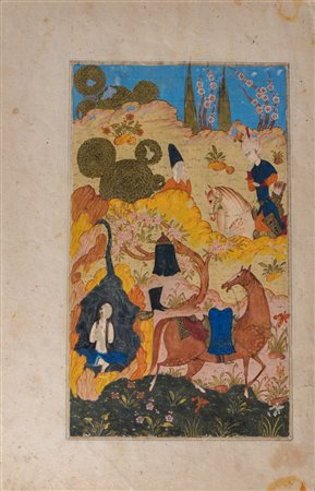 Arte Islamica Miniatura raffigurante Khusrau che vede Shirin fare il bagno...