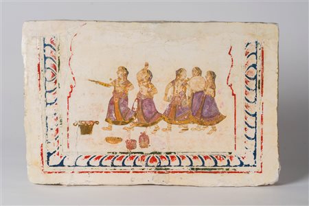 Arte Indiana Elemento architettonico in stucco dipinto con dame India, XVIII...