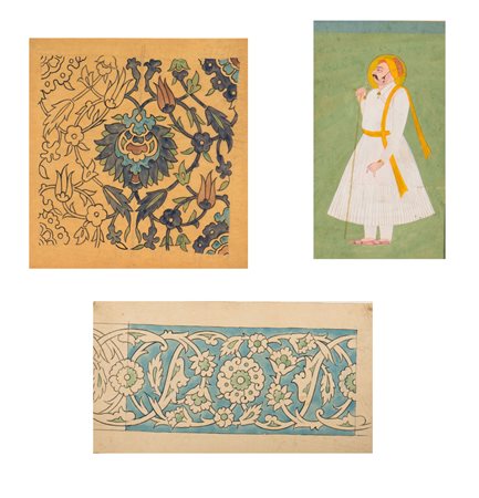 Arte Islamica Miniatura indiana raffigurante un uomo e due stencil floreali...