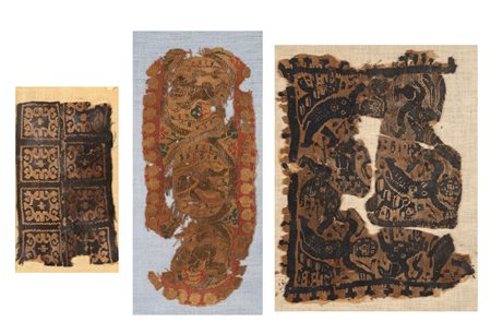 Arte Islamica Tre frammenti di tessuto copto Egitto, VI secolo . . Cm 17,50 x...