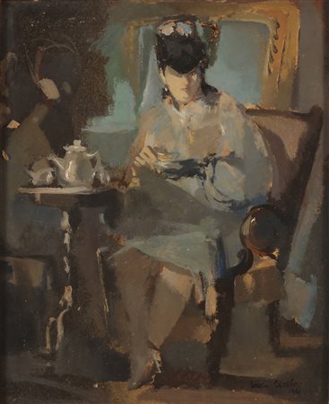 CECCHI DARIO (1918 - 1992) La signora che beve il te'. 1944. Olio su cartone...