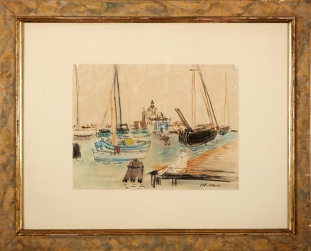 DEL BON ANGELO (1898 - 1952) Pescherecci in laguna. 1941. Tecnica mista su...