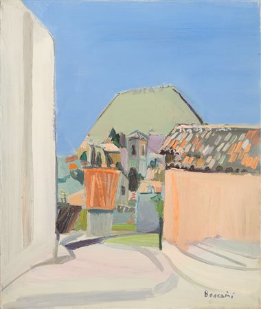 BOSCAINI VINICIO (n. 1925) Arquà Petrarca. Olio su tela . Cm 50,00 x 60,00....