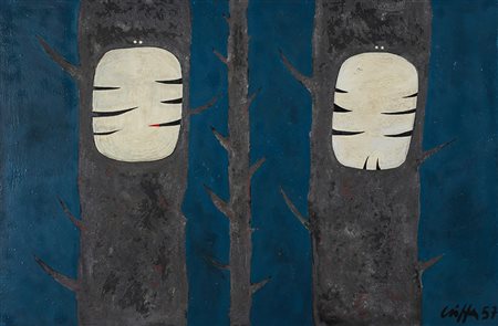 ROBERTO CRIPPA 1921 - 1972 Totem, 1957 Olio su tavola, cm. 99 x 149 Firmato e...