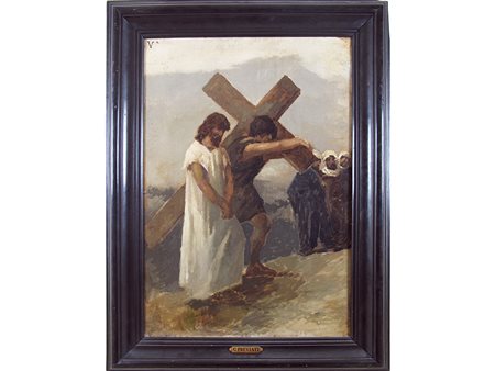 Gaetano Previati (Ferrara 1852–Lavagna 1920), Olio su tela,Gesù è aiutato dal...