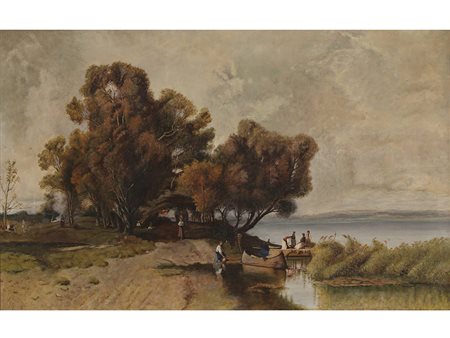 Anonimo (XIX secolo), Olio su tela,Paesaggio lacustre con figure 52,5x82
