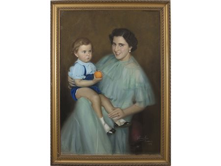 G.Piccioli (XX secolo), Pastello su carta,Madre e figlia con arancia 105x74 cm