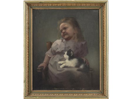 Edouard Krug (1829 - 1901), Olio su tela,Bimba con gattino 63x52 cm