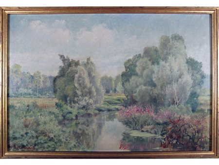 Alfonso Corradi (1889–1972), Olio su tela,Paesaggio fluviale 120x80 cm