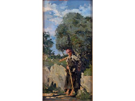 Alfredo Scocchera (1887–1954), Olio su tavoletta,Paesaggio con contadinella...