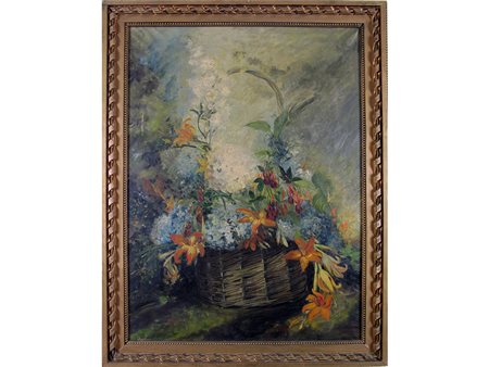 Emilia Placci da Porto (1931), Olio su tela,Cesto con fiori 80x60 cm