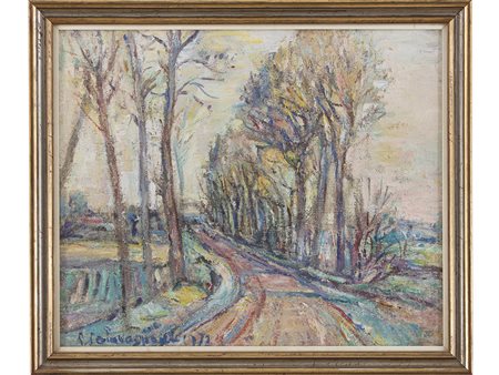 Piero Solavaggione (1899-1979), Olio su tela,Paesaggio piemontese "Strada di...