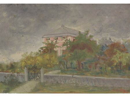 Autore non identificato (XX secolo), Olio su tavoletta,Paesaggio con villa...