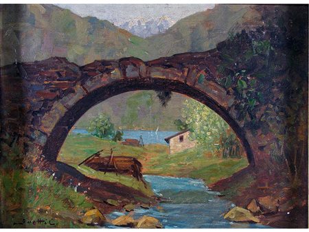 Ciro Agnetti (1913-1984), Olio su tavoletta,Paesaggio con ponticello 28x38 cm