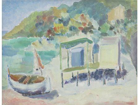 Giovanni Pronzato (1934 ), Olio su cartoncio telato,Spiaggia con barca 28x36 cm