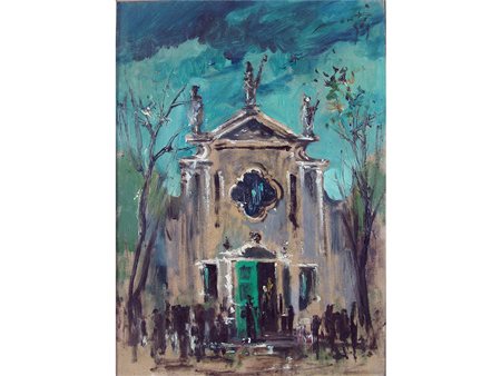 Cesarino Monti (1916-1979), Olio su tela,Verso la chiesa 70x50 cm
