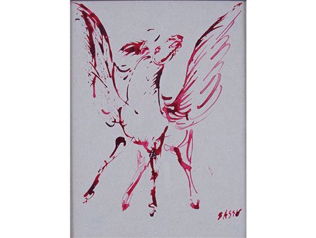 Aligi Sassu (1912–2000), Olio su carta,Cavallo alato 22x18 cm