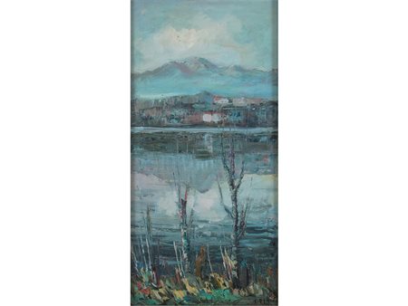 Aldo Oppici (1908 - 1985), Olio su tela,Paesaggio lacustre 58x28,5 cm