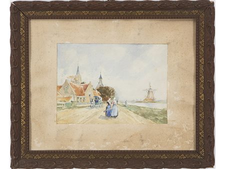 Firma illeggibile (XX secolo), Acquarello su carta,Paesaggio olandese con...