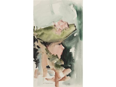 Gianni Tedeschi (1922), Acquarello su carta,Profilo di donna 48x28 cm