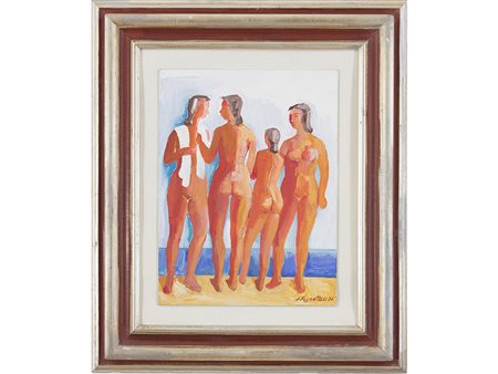 Aroldo Pignattari (1913-1999), Tempera grassa su cartoncino,Bagnanti 40x30 cm