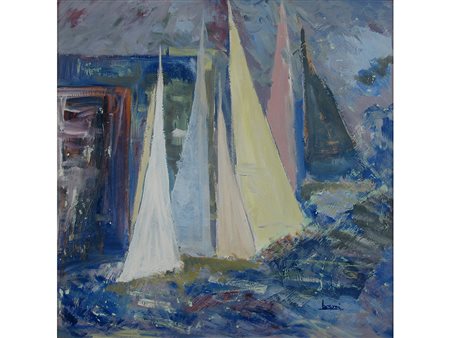 Pittore non identificato (XX secolo), Olio su masonite,Vele 50x50 cm