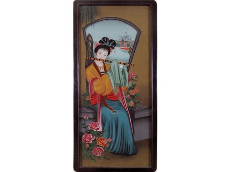 Cina (XX secolo), Olio su vetro,Suonatrice di Flauto in abiti tradizionali...