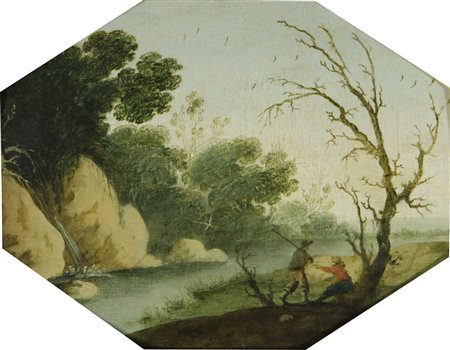 Scuola fiamminga inizio XVIII secolo "Paesaggio con cacciatori" cm. 20x26 -...