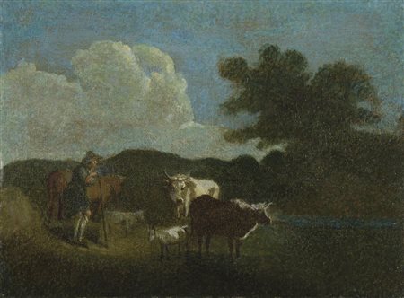 Maestro del XVIII secolo "Paesaggio con pastore e armenti" cm. 28x37 - olio...