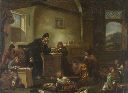 Maestro nordico operante a Roma del XVII secolo "Interno di scuola" cm. 49x66...