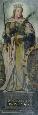 Maestro del XVI secolo "Santi cm. 110x40 - olio su tavola dipinto sui due lati