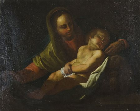 Maestro del XVIII secolo "Madonna con bambino" cm. 64x80 - oio su tela foderata