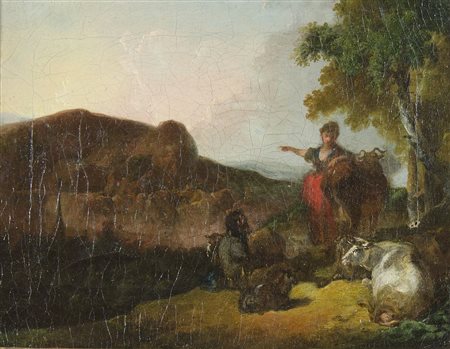 Maestro del XVIII secolo "Contadina con armenti" cm. 28x38 - olio su tela...