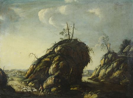 Maestro del XVIII secolo "Paesaggio con pastore e armenti" cm. 64x84 - olio...