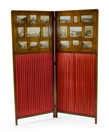 Parvento a 2 ante in legno con 18 stampe raffiguranti vedute di Vienna. XIX...
