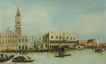 Giovanni De Cal "Piazza San Marco vista dal mare" cm. 42x70 - olio su tela Al...
