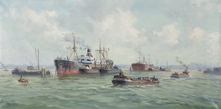 Peter Johannes Wagemans 1879-1955 "Traffico di barche in mare" cm. 43x80 -...