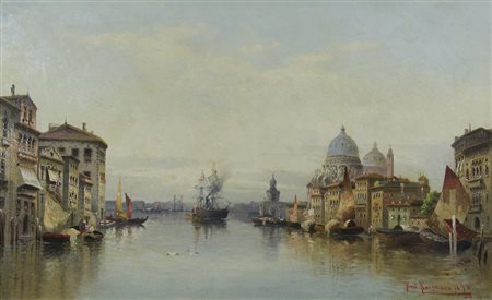 Karl Kaufmann 1843-1902 "Venezia, canale con barche" cm. 50x80 - olio su tela...