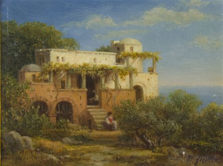 Bernhard Fiedler Berlino 1816-Trieste 1904 "Casa sul mare" cm. 16x21 - olio...