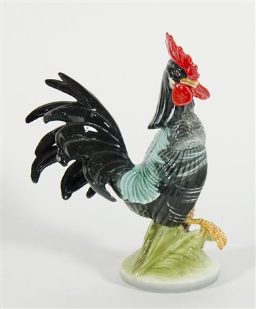 Ronzan: scultura in ceramica poliroma raffigurante gallo. Firmata sotto la...