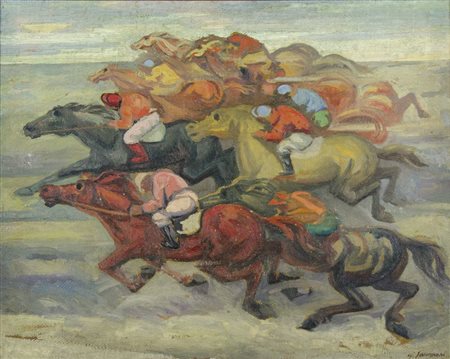 Giovanni Saccomani 1900-1966 "Al galoppo" cm. 60x75 - olio su faesite Firmato...