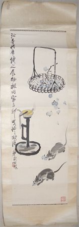 Wu Zheng 1876-1949 "Topolini e braciere" cm. 47x134 - inchiostro su carta...