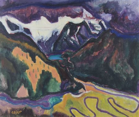 Joze Cesar 1907-1980 "Lago di Auronzo" cm. 50x60 - tecnica mista su...