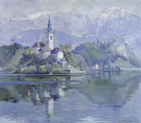 Joze Bunic "Neve a Bled" cm. 76x86 - olio su tela Firmato b. a d.