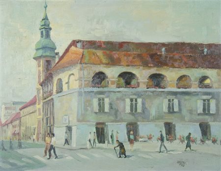 Stane Bizjak 1913-? "Castello di Maribor" cm. 50x70 - olio su faesite Firmato...