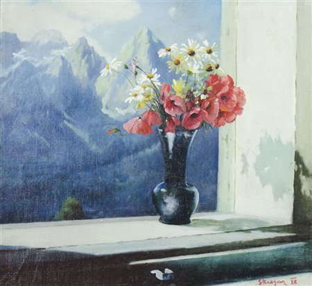 Stane Kregar 1905-1973 "Fiori e montagne" cm. 39x42 - olio su tela Firmato b....
